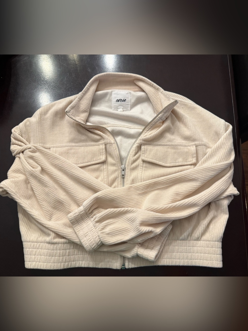 Aerie Cream Ribbed Zip Bomber Jacket